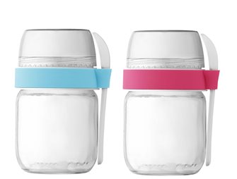 2 pots compartimentés à emporter pour yaourtière rose et bleu ciel